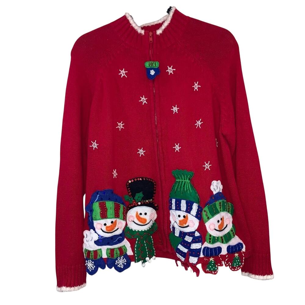 Vintage Ugly Christmas Snowman Sweater Cardigan Tiara International Large Red